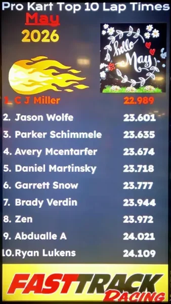 Leaderboard: Pro Kart Top 10 Lap Times, May 2026 with flame logo and 'Hello May' graphic. 1 LCJ Miller 22.989; 2 Jason Wolfe 23.601; 3 Parker Schimmele 23.635; 4 Avery Mcentarf 23.674; 5 Daniel Martinsky 23.718; 6 Garrett Snow 23.777; 7 Brady Verdin 23.944; 8 Zen 23.972; 9 Abdualle A 24.021; 10 Ryan Lukens 24.109; FastTrack Racing branding at bottom.